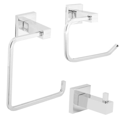 Beem Cube 3-Piece Square Bathroom Accessory Kit Towel Ring  Toilet Roll Holder  Single Robe Hook